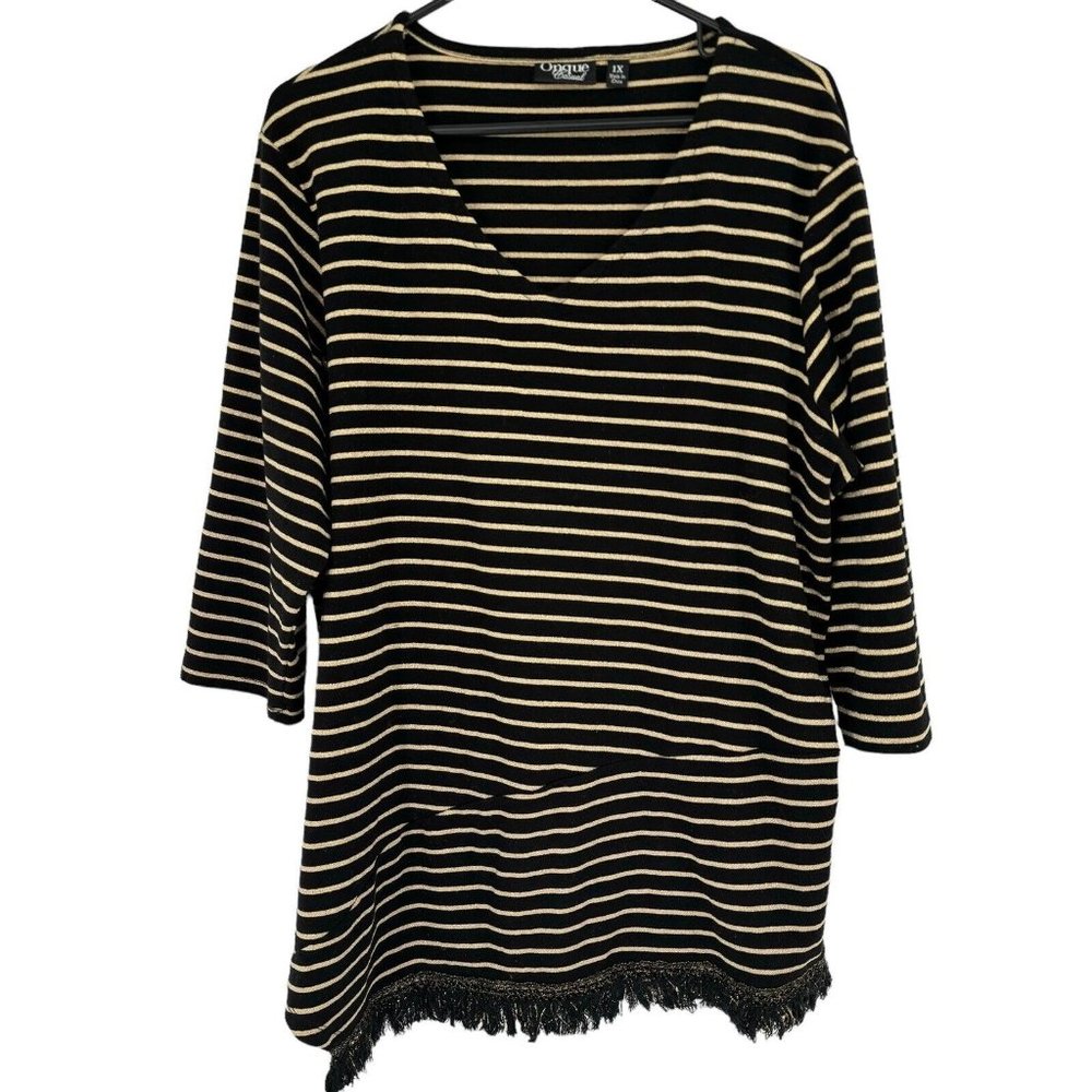 Onque Casual Women's Shirt Top Black Gold Striped Size 1x Plus 3/4 Sleeve